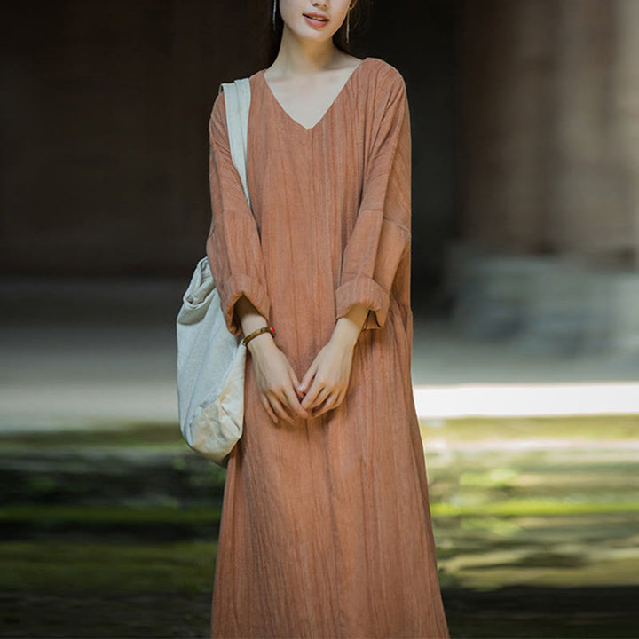 Buddha Stones Solid Color Chinese V-neck Long Sleeve Ramie Linen Midi Dress - Orange - US4-8/10，UK/AU8-12/14，EU36-40/42 (F) - image 23