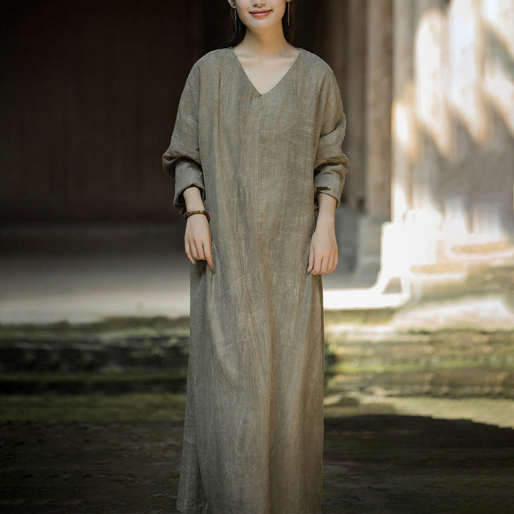 Buddha Stones Solid Color Chinese V-neck Long Sleeve Ramie Linen Midi Dress