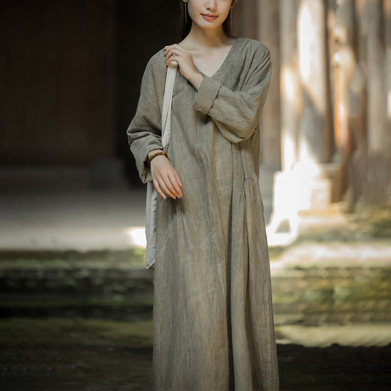 Buddha Stones Solid Color Chinese V-neck Long Sleeve Ramie Linen Midi Dress