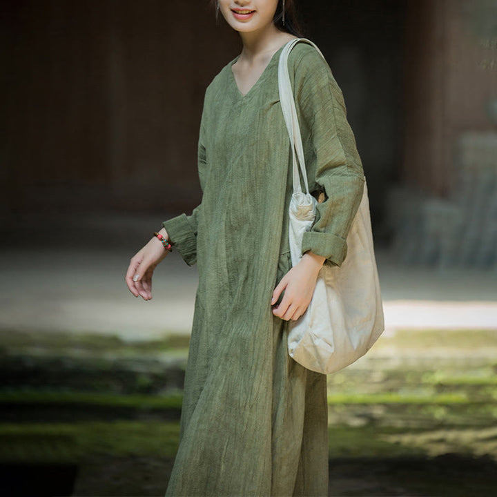 Buddha Stones Solid Color Chinese V-neck Long Sleeve Ramie Linen Midi Dress