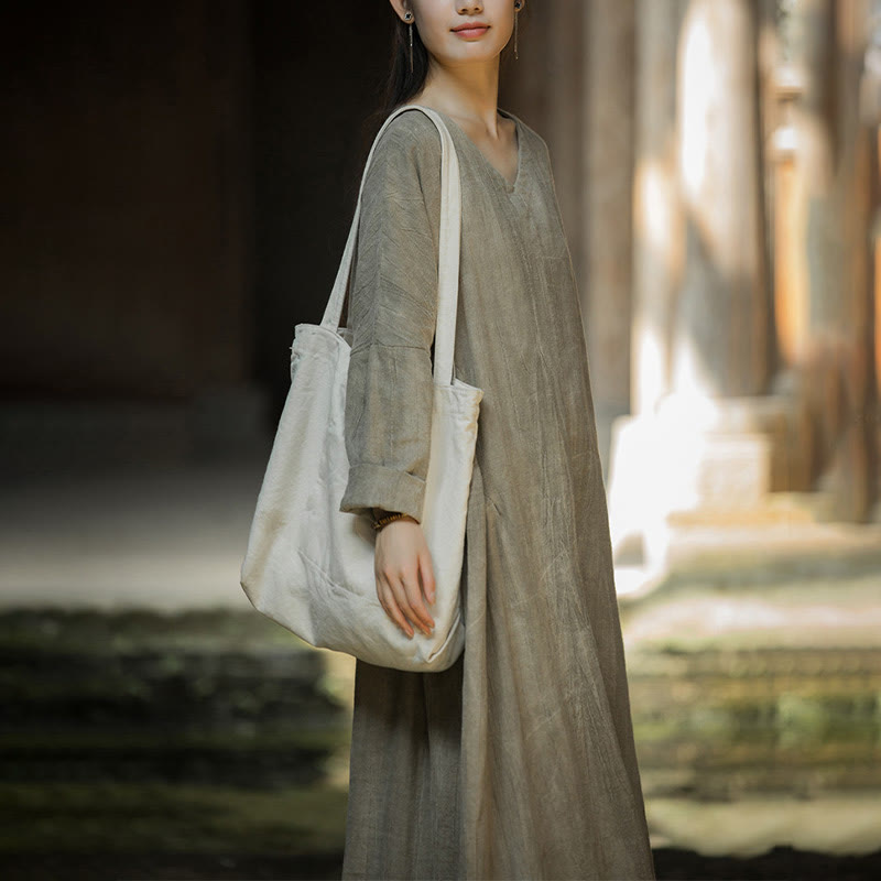 Buddha Stones Solid Color Chinese V-neck Long Sleeve Ramie Linen Midi Dress