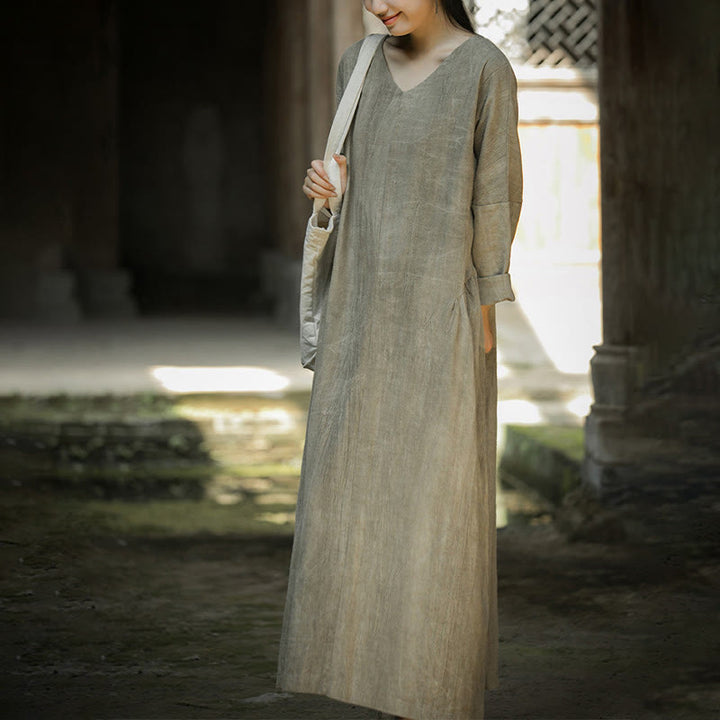 Buddha Stones Solid Color Chinese V-neck Long Sleeve Ramie Linen Midi Dress