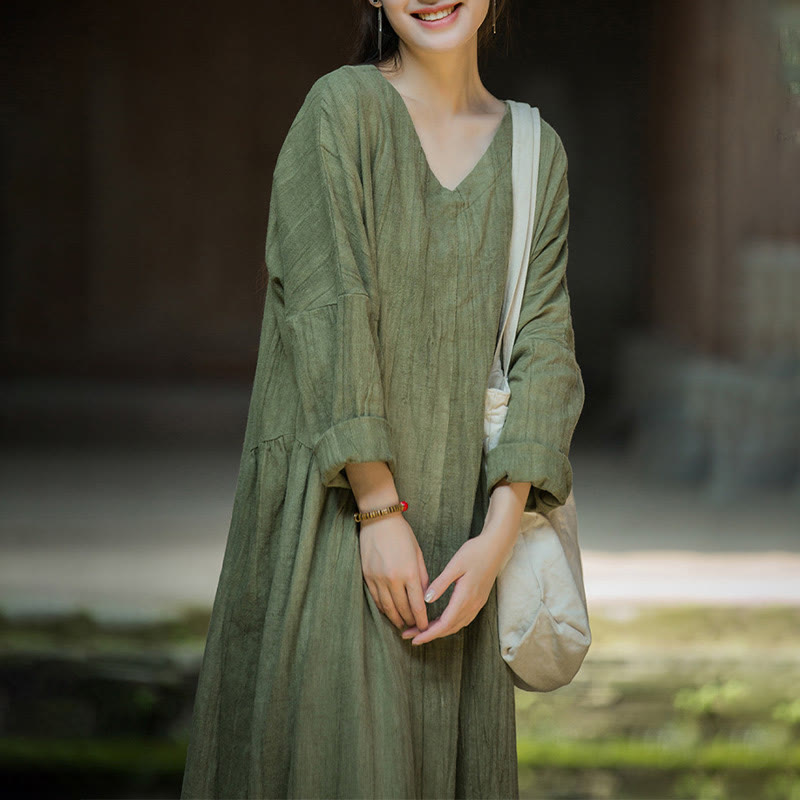 Buddha Stones Solid Color Chinese V-neck Long Sleeve Ramie Linen Midi Dress