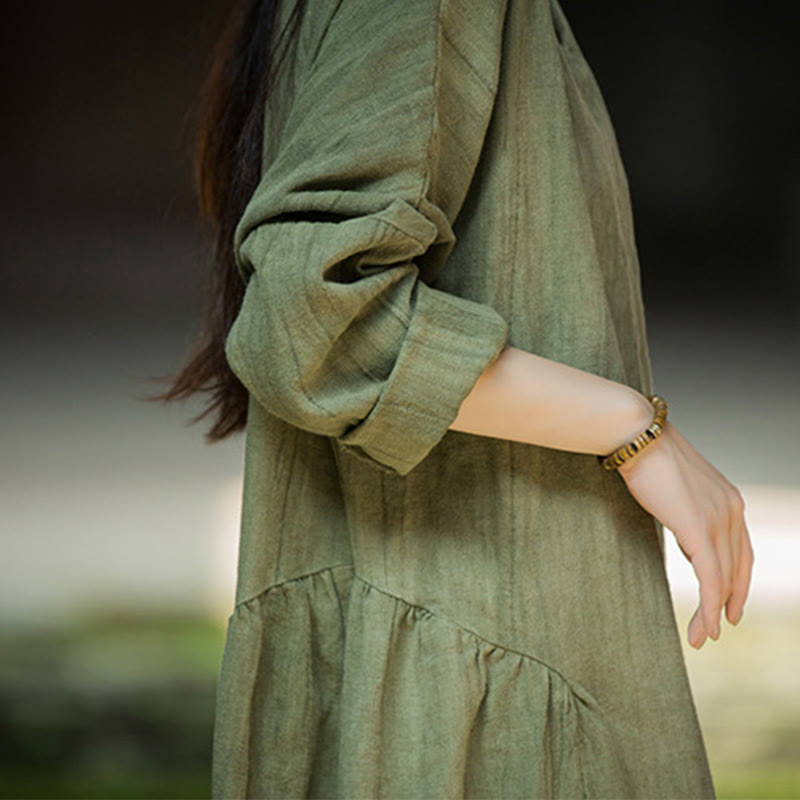 Buddha Stones Solid Color Chinese V-neck Long Sleeve Ramie Linen Midi Dress - image 11