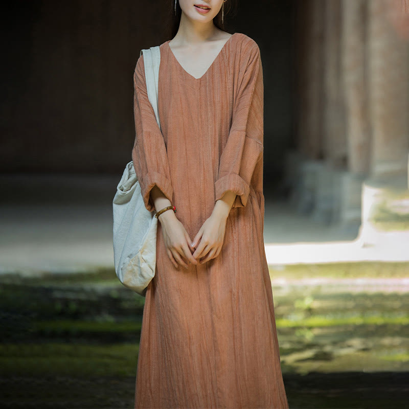 Buddha Stones Solid Color Chinese V-neck Long Sleeve Ramie Linen Midi Dress - image 25