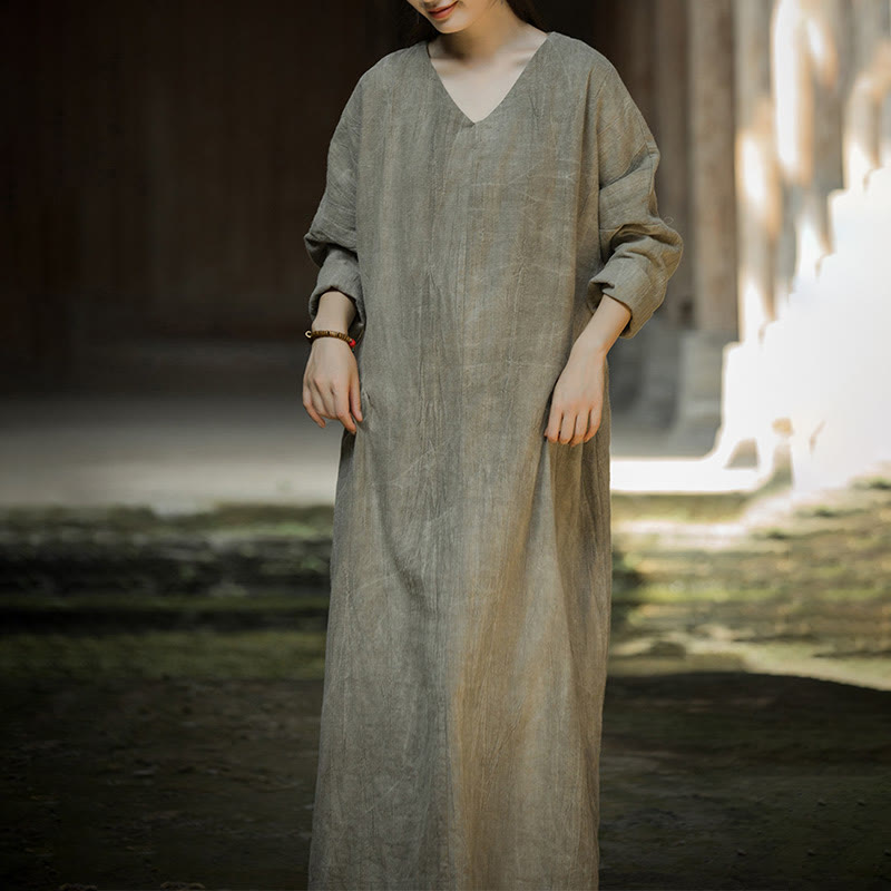 Buddha Stones Solid Color Chinese V-neck Long Sleeve Ramie Linen Midi Dress - image 15