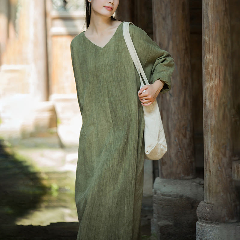 Buddha Stones Solid Color Chinese V-neck Long Sleeve Ramie Linen Midi Dress