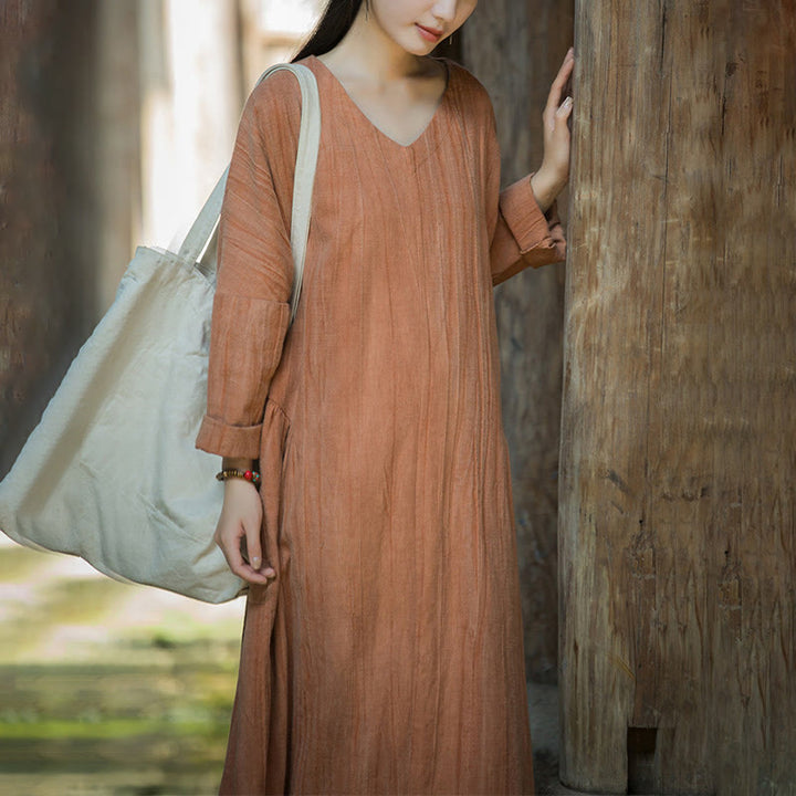 Buddha Stones Solid Color Chinese V-neck Long Sleeve Ramie Linen Midi Dress - image 29