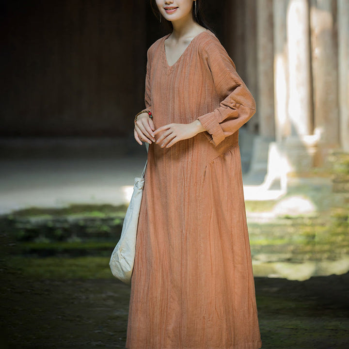 Buddha Stones Solid Color Chinese V-neck Long Sleeve Ramie Linen Midi Dress - image 24