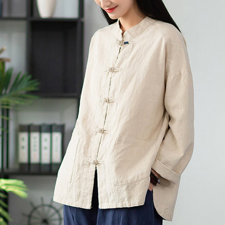 Buddha Stones Solid Color Frog-button Long Sleeve Linen Women's Shirts With Pockets