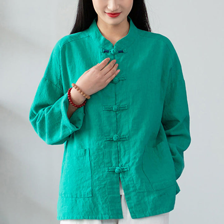 Buddha Stones Solid Color Frog-button Long Sleeve Linen Women's Shirts With Pockets