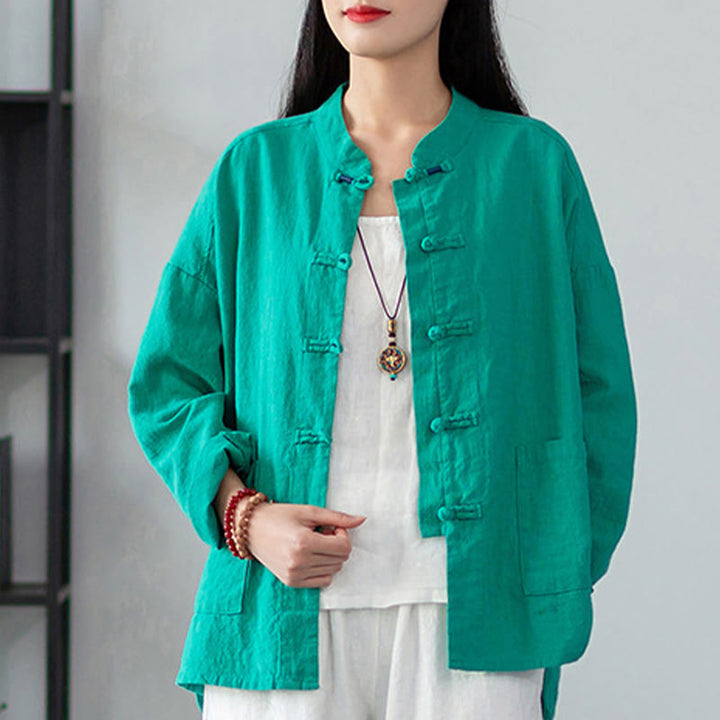 Buddha Stones Solid Color Frog-button Long Sleeve Linen Women's Shirts With Pockets