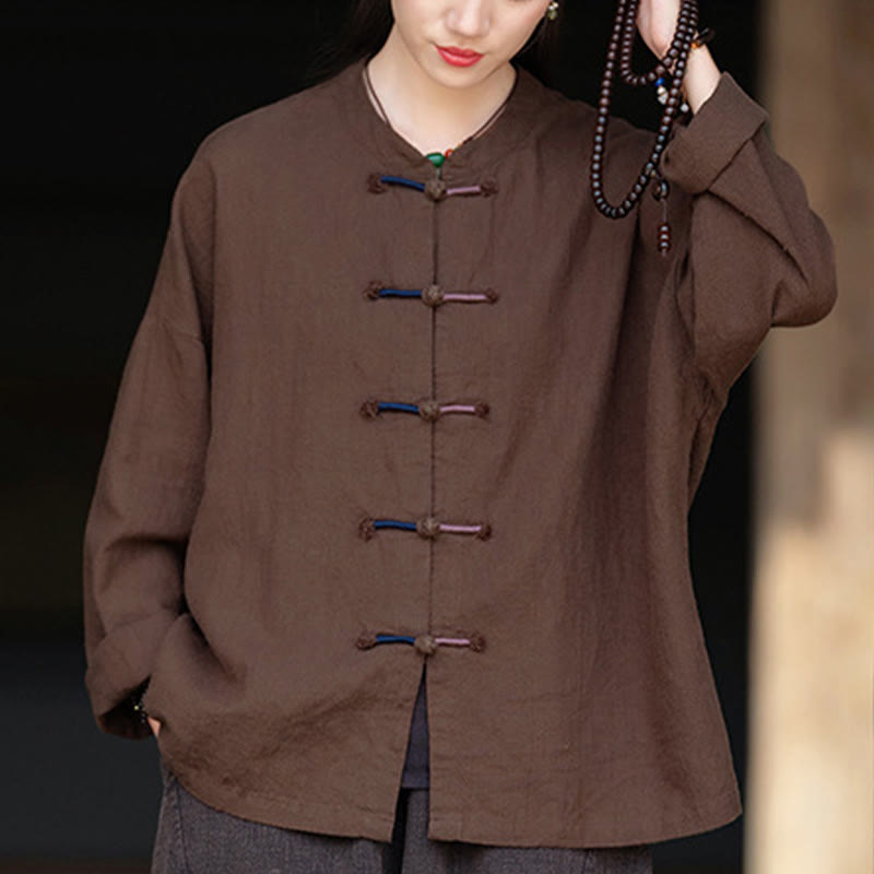 Buddha Stones Solid Color Two-color Frog-button Long Sleeve Ramie Linen Women's Shirt