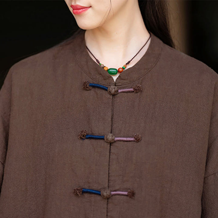 Buddha Stones Solid Color Two-color Frog-button Long Sleeve Ramie Linen Women's Shirt - image 19