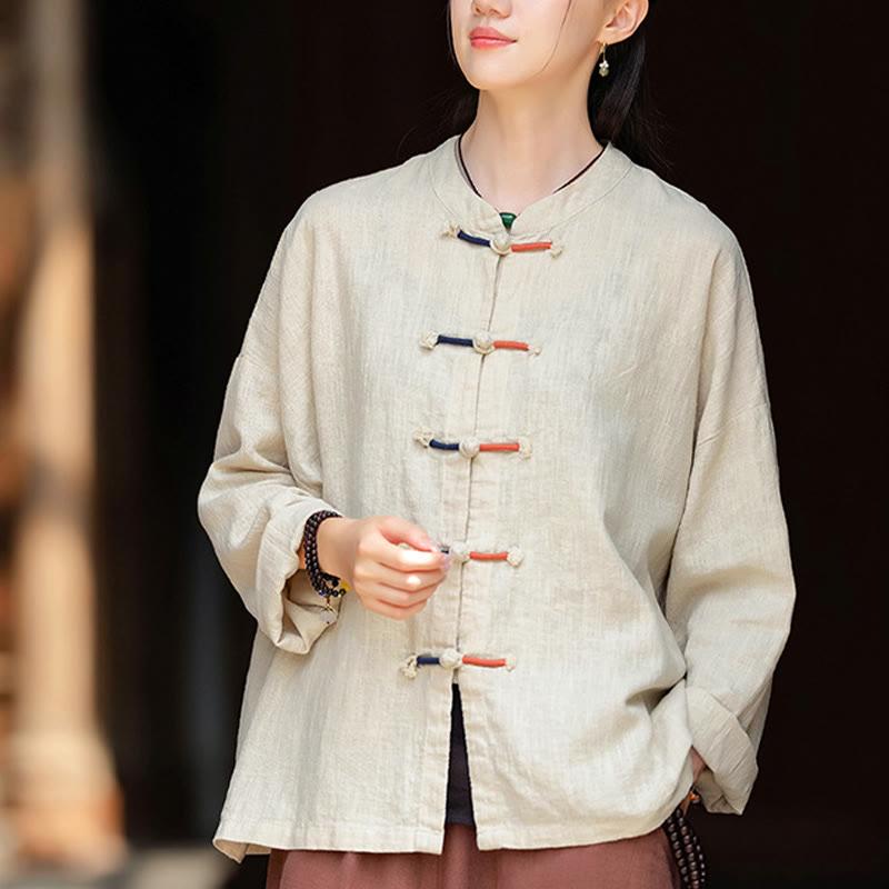 Buddha Stones Solid Color Two-color Frog-button Long Sleeve Ramie Linen Women's Shirt - image 1
