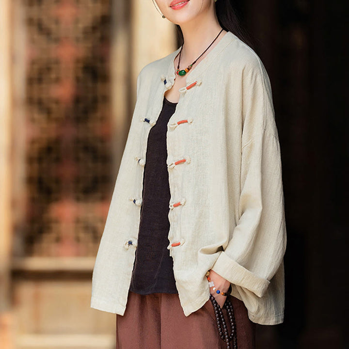 Buddha Stones Solid Color Two-color Frog-button Long Sleeve Ramie Linen Women's Shirt - image 8