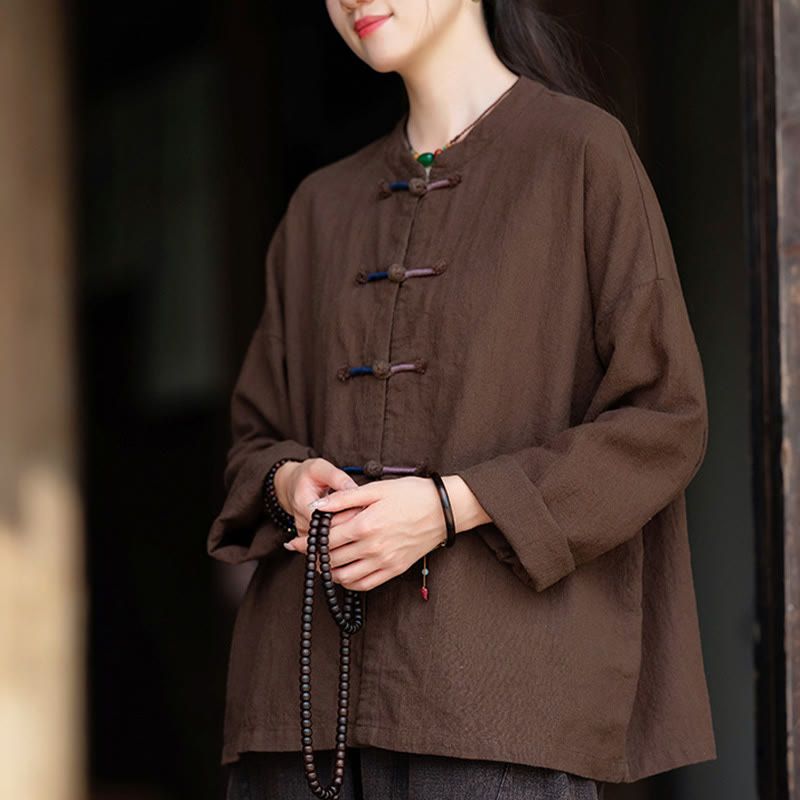 Buddha Stones Solid Color Two-color Frog-button Long Sleeve Ramie Linen Women's Shirt