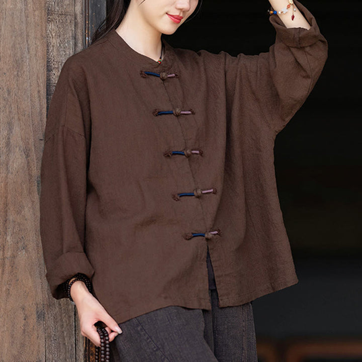 Buddha Stones Solid Color Two-color Frog-button Long Sleeve Ramie Linen Women's Shirt