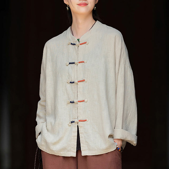 Buddha Stones Solid Color Two-color Frog-button Long Sleeve Ramie Linen Women's Shirt - Beige - US4-12，UK/AU8-16，EU36-44 (F) - image 0