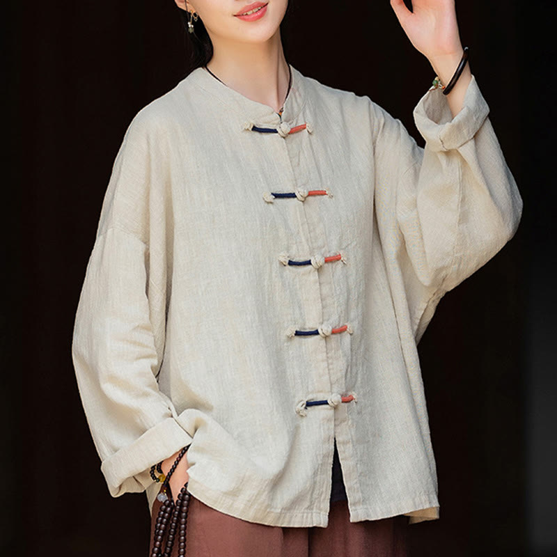 Buddha Stones Solid Color Two-color Frog-button Long Sleeve Ramie Linen Women's Shirt - image 3