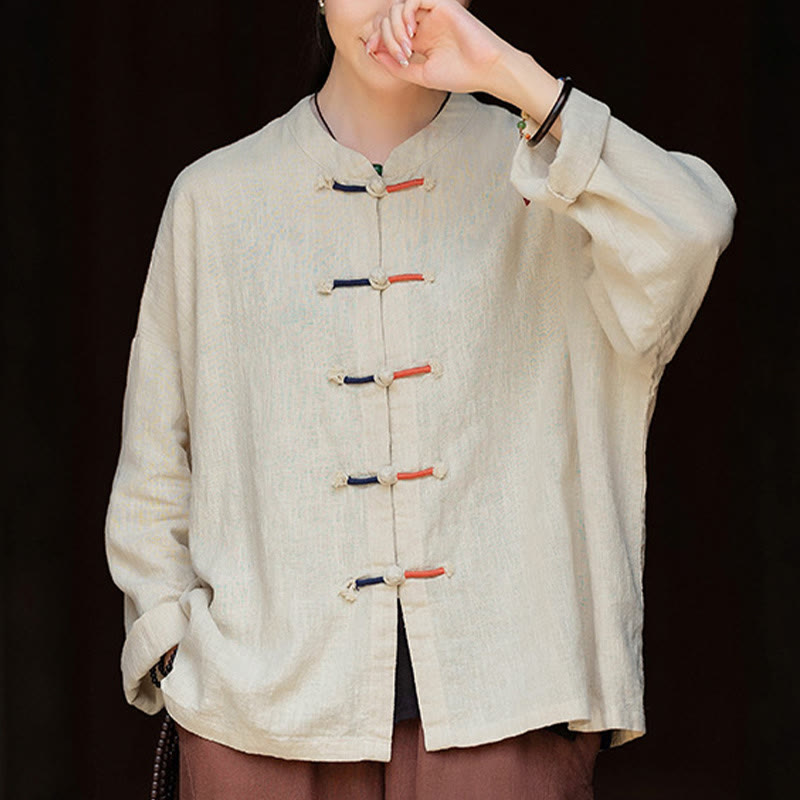 Buddha Stones Solid Color Two-color Frog-button Long Sleeve Ramie Linen Women's Shirt - image 2