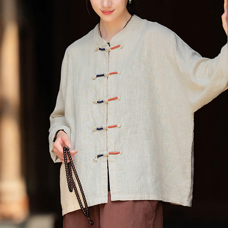 Buddha Stones Solid Color Two-color Frog-button Long Sleeve Ramie Linen Women's Shirt - image 6