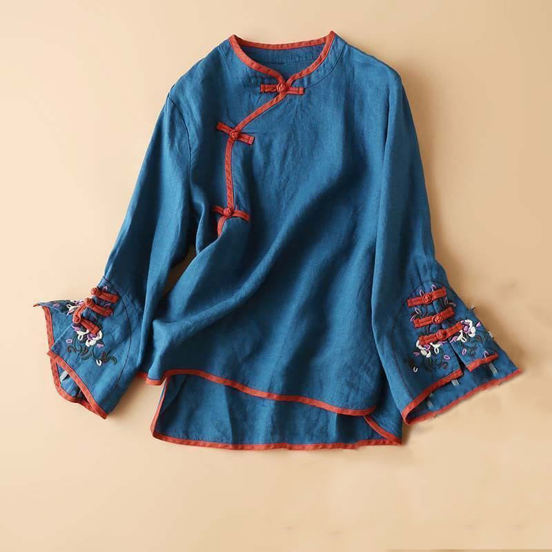 Buddha Stones Retro Flower Embroidery Design Long Sleeve Cotton Linen Women's Shirt