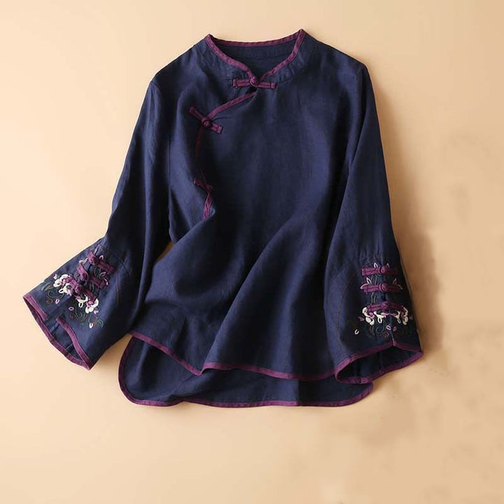 Buddha Stones Retro Flower Embroidery Design Long Sleeve Cotton Linen Women's Shirt