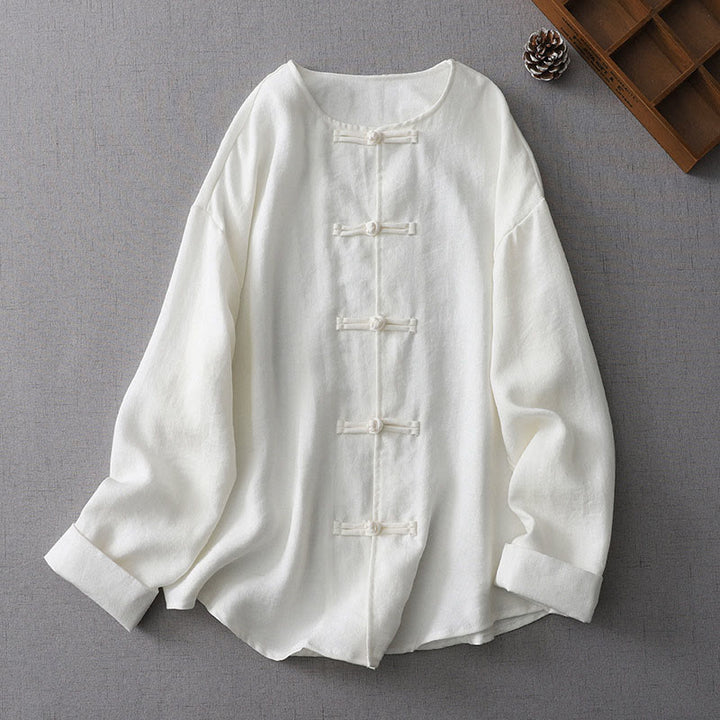 Buddha Stones Solid Color Button Long Sleeve Cotton Linen Women's Shirt