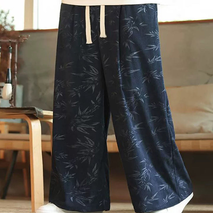 Buddha Stones Bamboo Leaves Corduroy Drawstring Cotton Men's Wide Leg Pants With Pockets