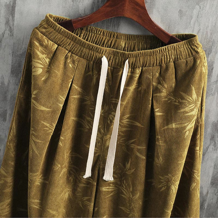 Buddha Stones Bamboo Leaves Corduroy Drawstring Cotton Men's Wide Leg Pants With Pockets - image 6