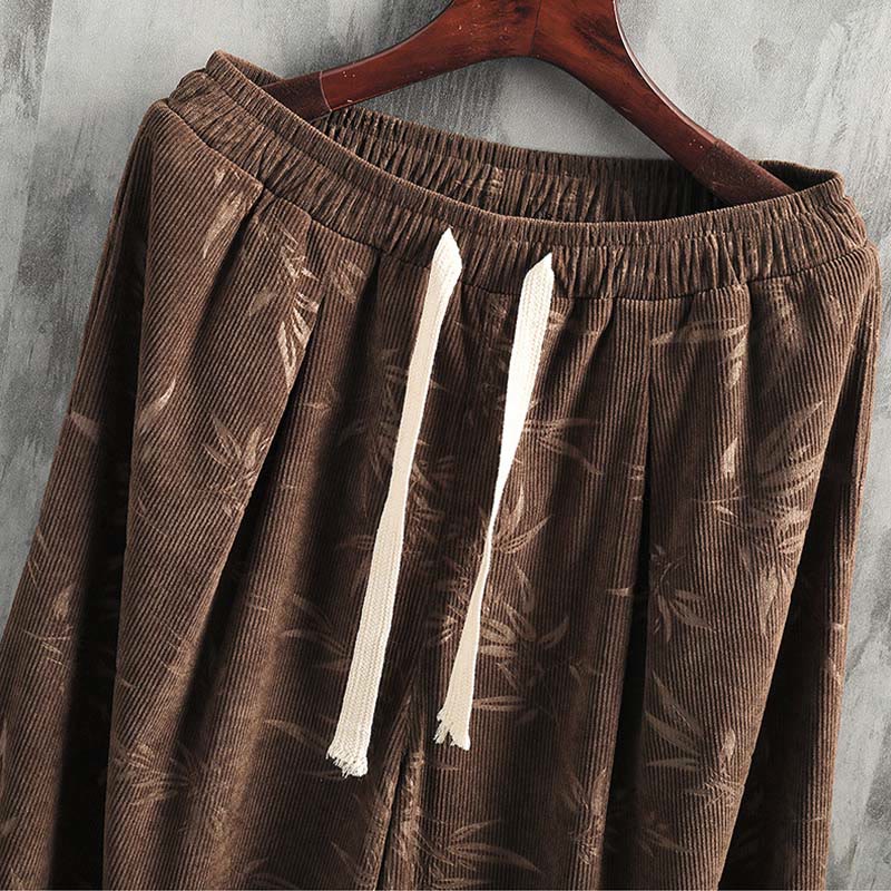 Buddha Stones Bamboo Leaves Corduroy Drawstring Cotton Men's Wide Leg Pants With Pockets - image 18