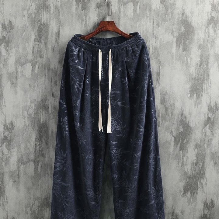 Buddha Stones Bamboo Leaves Corduroy Drawstring Cotton Men's Wide Leg Pants With Pockets - image 2