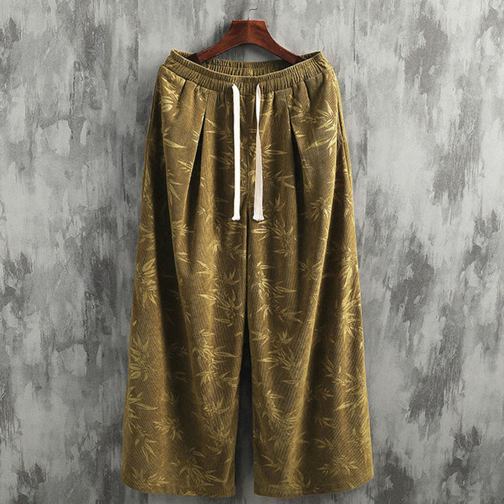 Buddha Stones Bamboo Leaves Corduroy Drawstring Cotton Men's Wide Leg Pants With Pockets - image 4
