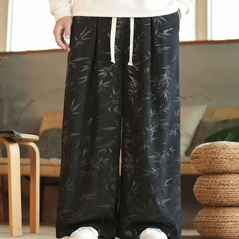 Buddha Stones Bamboo Leaves Corduroy Drawstring Cotton Men's Wide Leg Pants With Pockets - Black - US/UK/AU46，EU56 (5XL) - image 13