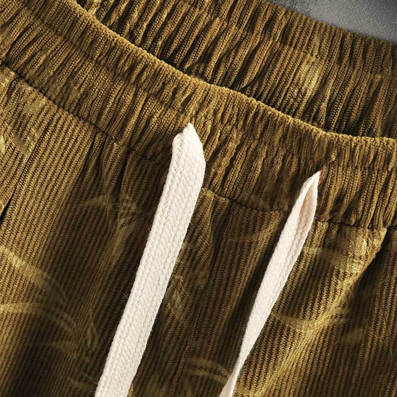 Buddha Stones Bamboo Leaves Corduroy Drawstring Cotton Men's Wide Leg Pants With Pockets - image 7