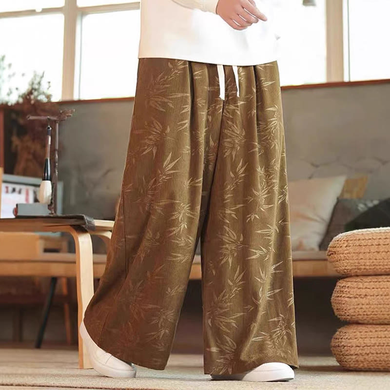 Buddha Stones Bamboo Leaves Corduroy Drawstring Cotton Men's Wide Leg Pants With Pockets - DarkKhaki - US/UK/AU46，EU56 (5XL) - image 3