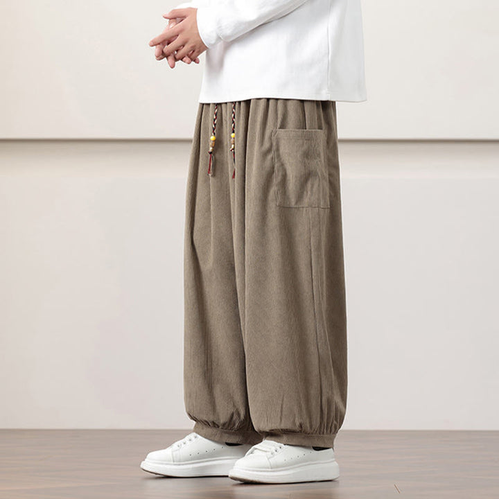Buddha Stones Solid Color Corduroy Drawstring Men's Harem Pants With Pockets - image 24