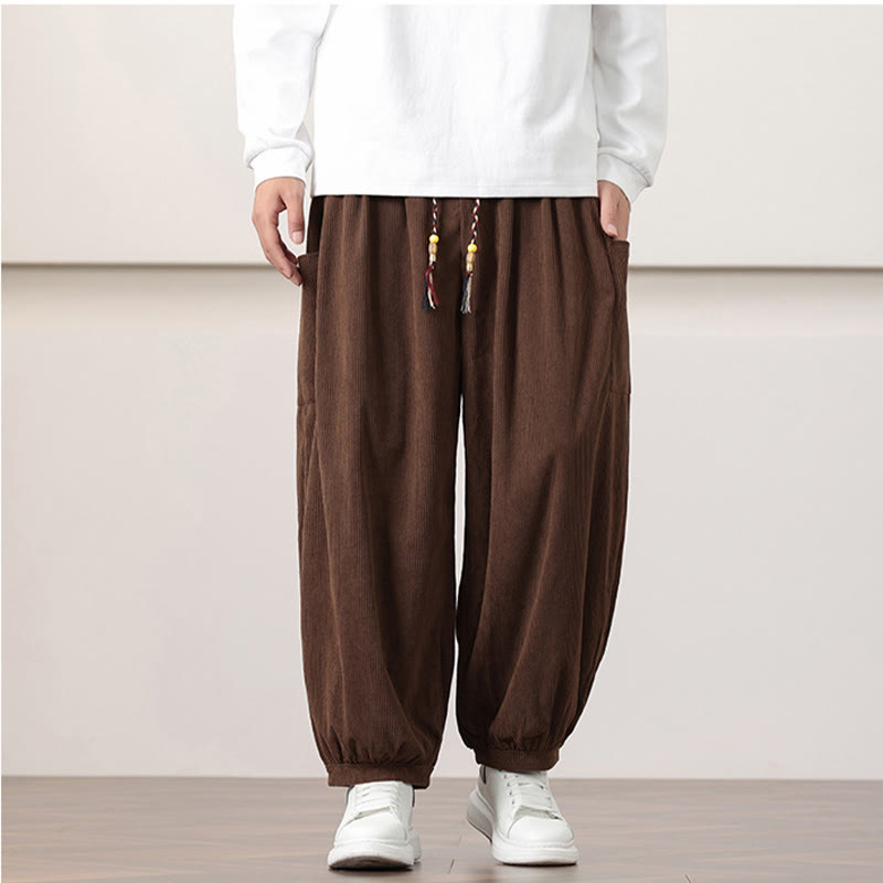 Buddha Stones Solid Color Corduroy Drawstring Men's Harem Pants With Pockets - image 39