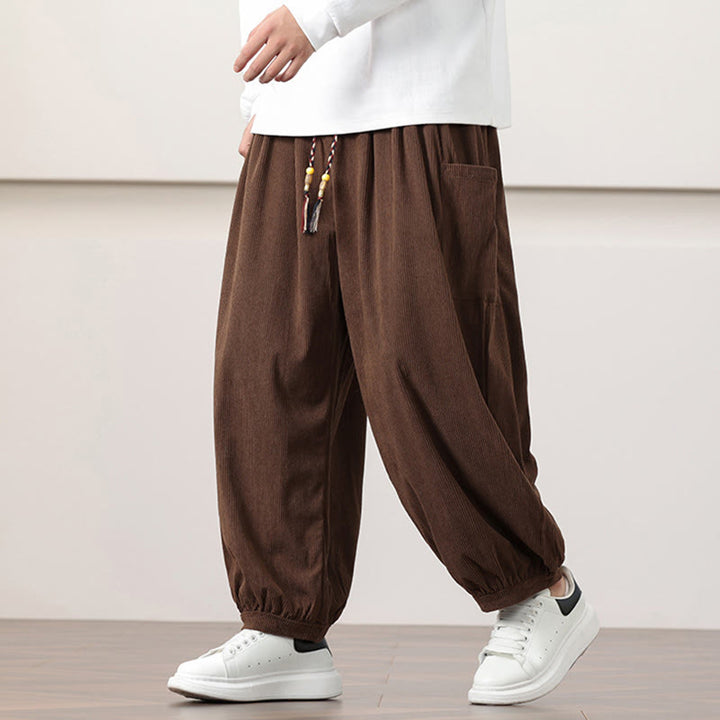 Buddha Stones Solid Color Corduroy Drawstring Men's Harem Pants With Pockets - SaddleBrown - US/UK/AU46，EU56 (5XL) - image 36