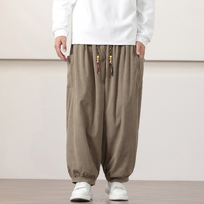 Buddha Stones Solid Color Corduroy Drawstring Men's Harem Pants With Pockets - image 22