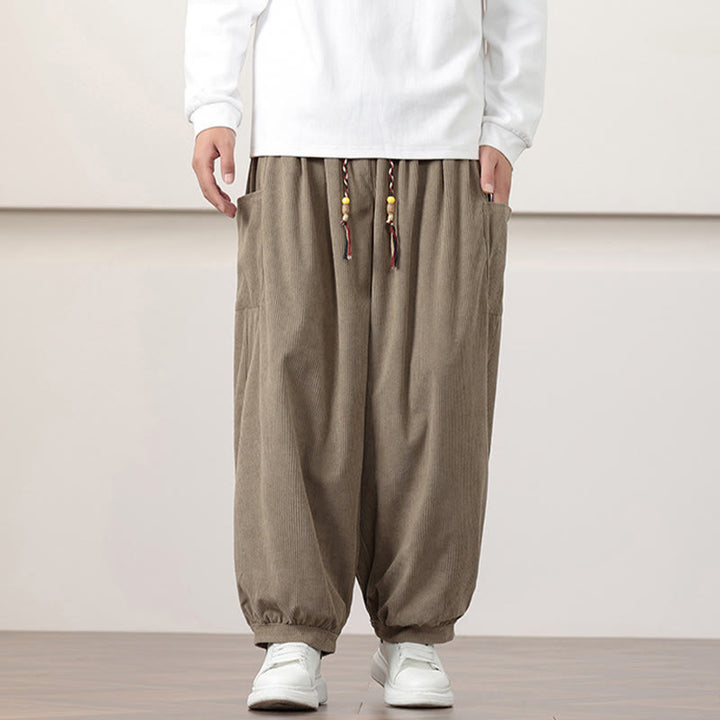 Buddha Stones Solid Color Corduroy Drawstring Men's Harem Pants With Pockets - image 22