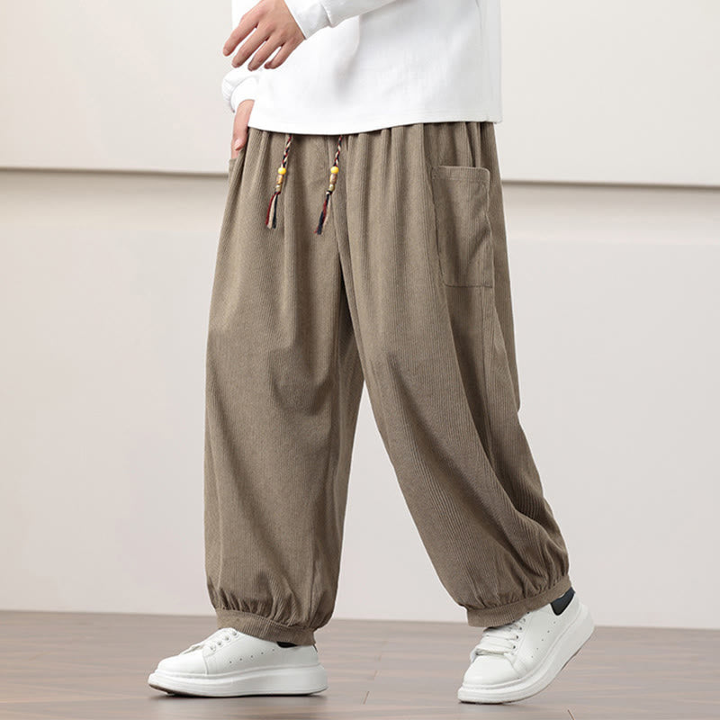 Buddha Stones Solid Color Corduroy Drawstring Men's Harem Pants With Pockets - DarkKhaki - US/UK/AU46，EU56 (5XL) - image 21
