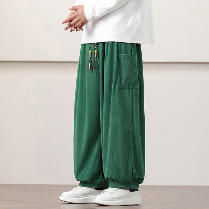 Buddha Stones Solid Color Corduroy Drawstring Men's Harem Pants With Pockets - image 30