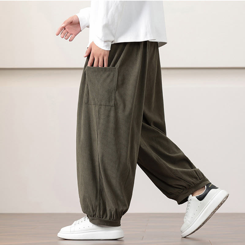 Buddha Stones Solid Color Corduroy Drawstring Men's Harem Pants With Pockets - image 5