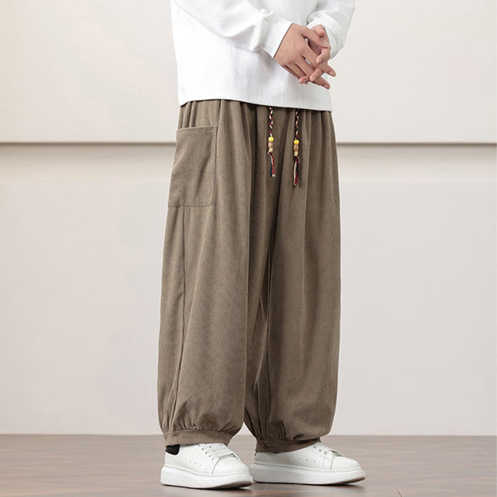 Buddha Stones Solid Color Corduroy Drawstring Men's Harem Pants With Pockets - image 23