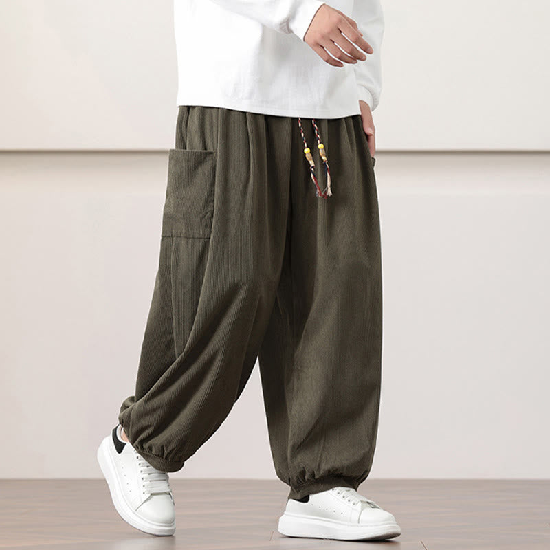 Buddha Stones Solid Color Corduroy Drawstring Men's Harem Pants With Pockets - image 2