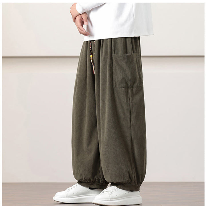 Buddha Stones Solid Color Corduroy Drawstring Men's Harem Pants With Pockets - image 4