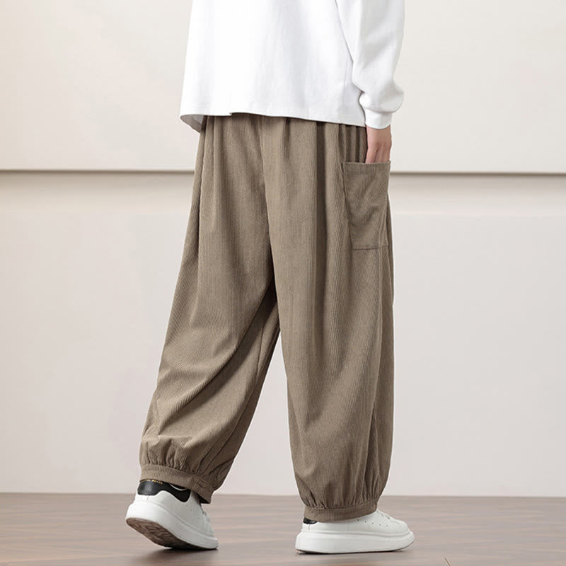 Buddha Stones Solid Color Corduroy Drawstring Men's Harem Pants With Pockets - image 27