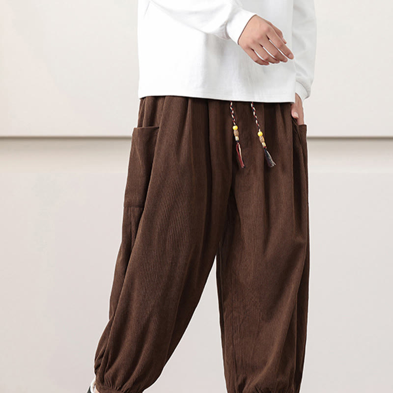 Buddha Stones Solid Color Corduroy Drawstring Men's Harem Pants With Pockets - image 42